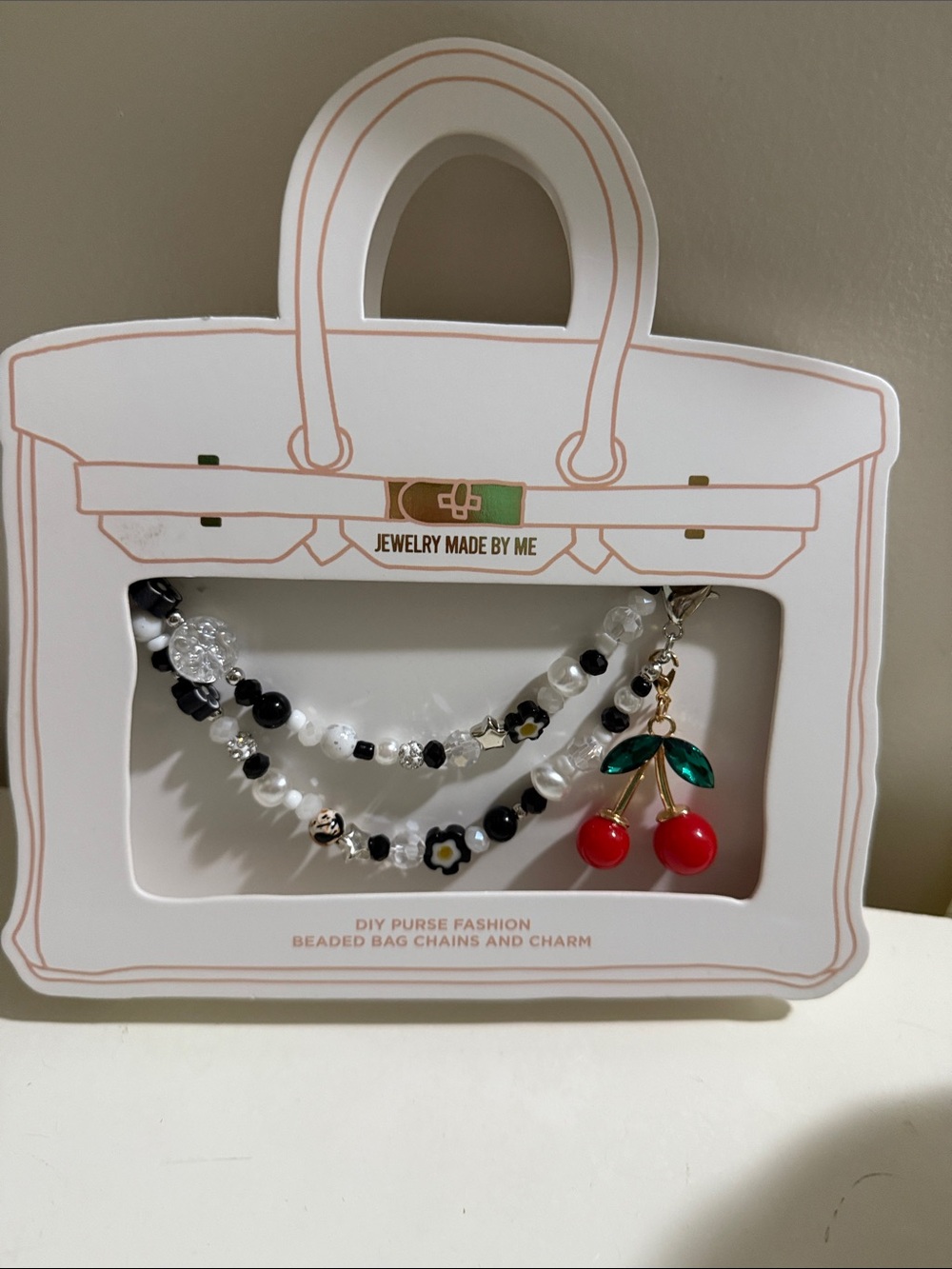 Beaded Black & White Mini Bag Chain with Cherry Charm